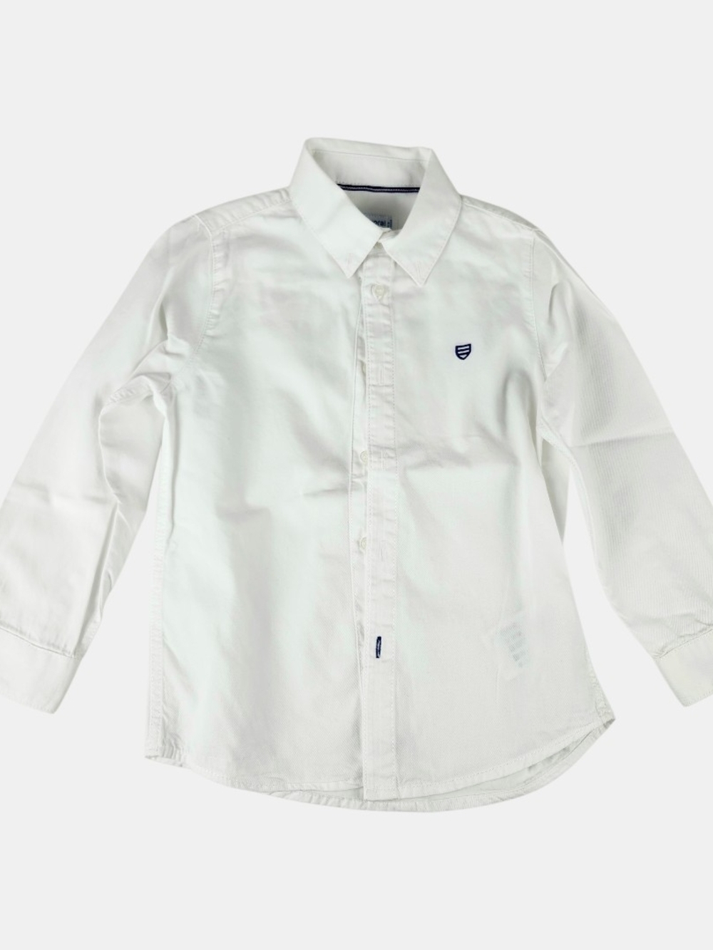 Mayoral White Button-Down Shirt with Navy Shield Emblem